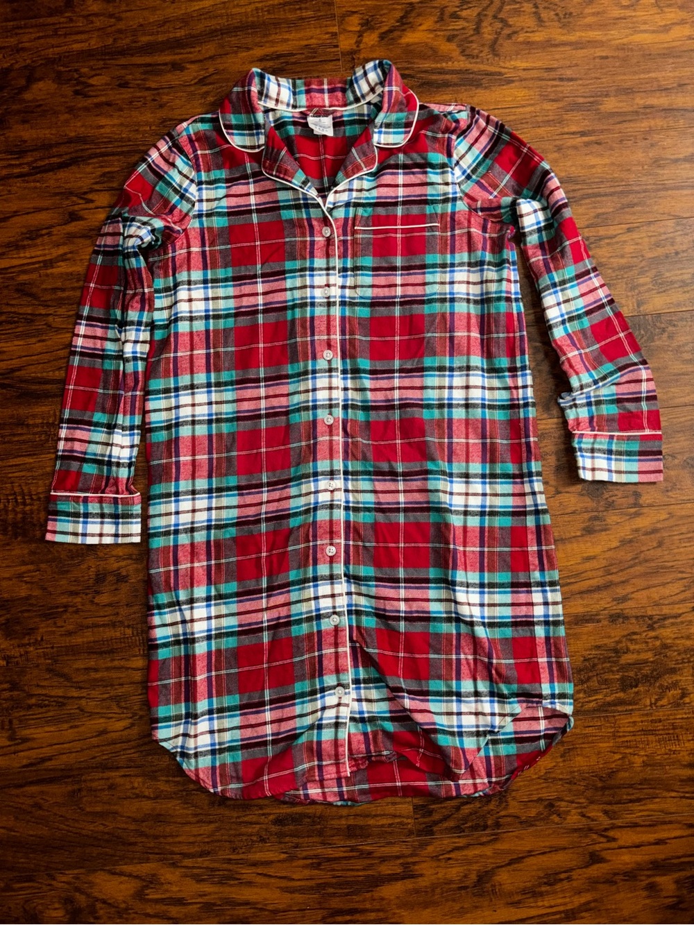 Lands’ End Flannel Sleepshirt Nightgown 100% Cotton Red Plaid Button-Front